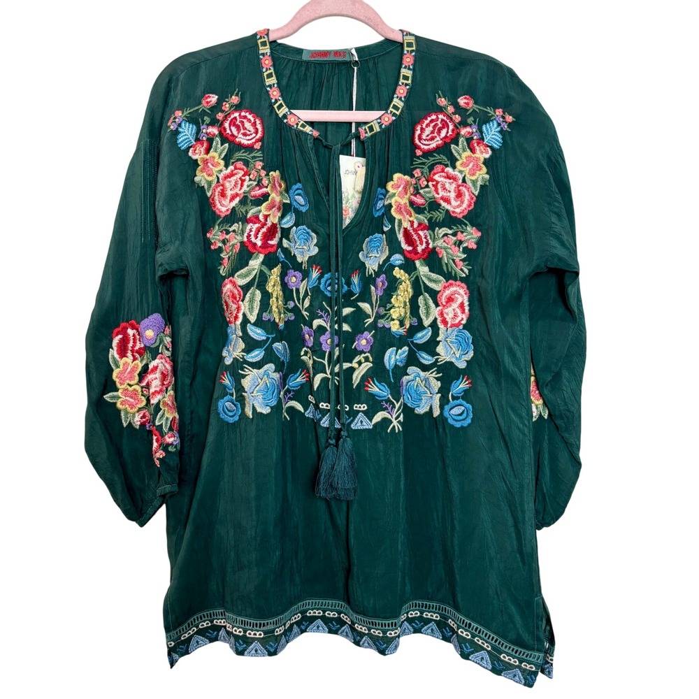 NWT Johnny Was Zedonia Embroidered Tunic Top Green Floral Bohemian Blouse M - Picture 1 of 12